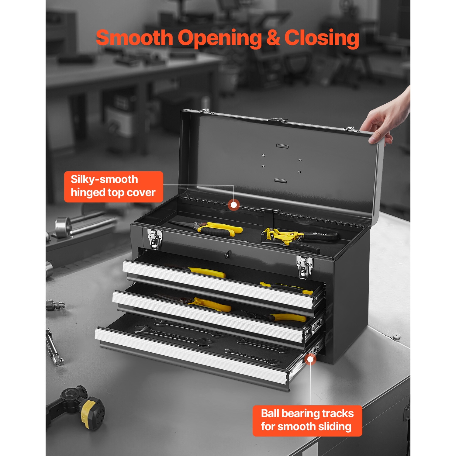 Tool Box 20.5-inch Portable Metal Tool Box With 3 Drawers Tool Organizer Black_voghion.com